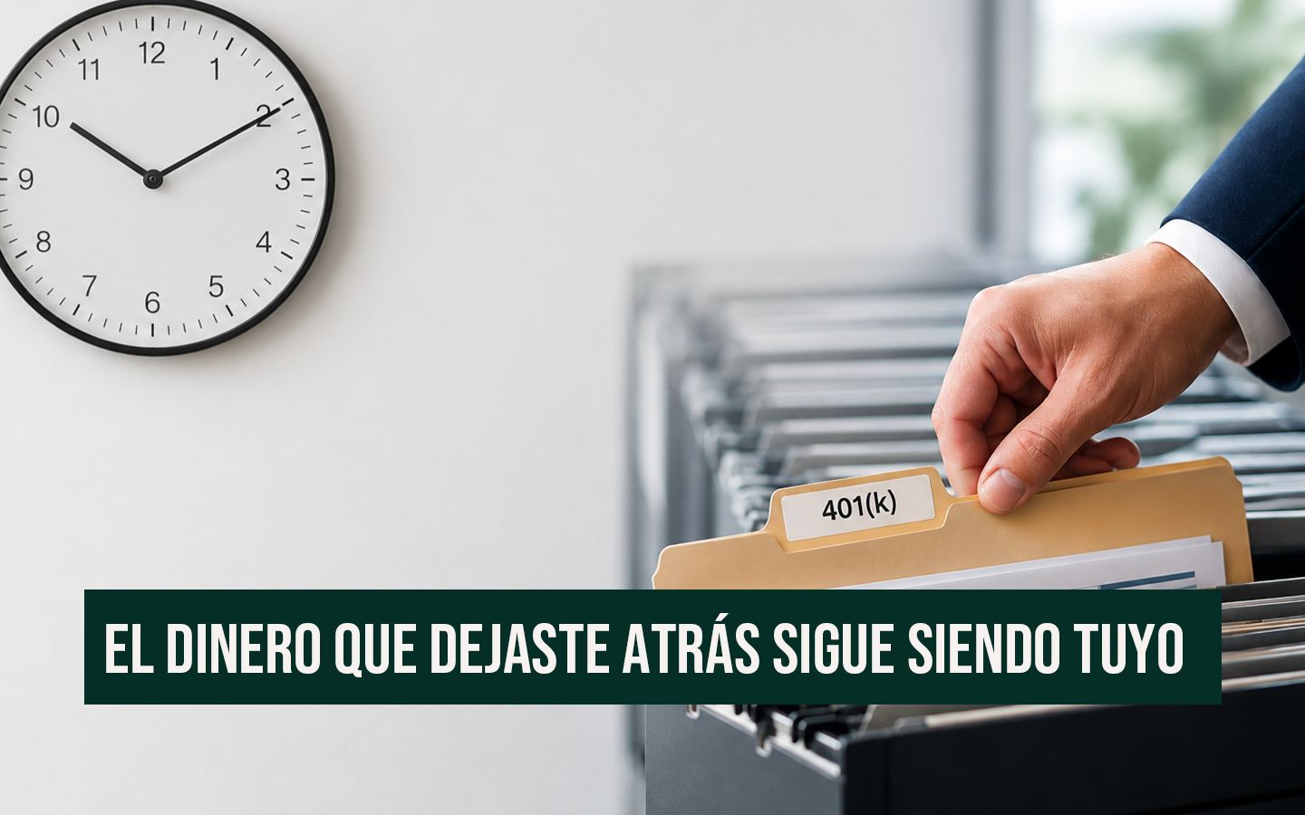 Mano de un profesional en traje extrayendo una carpeta con la etiqueta "401(k)" de un archivador metálico, con un reloj de pared al fondo. En la parte inferior destaca el texto "EL DINERO QUE DEJASTE ATRÁS SIGUE SIENDO TUYO", ilustrando el proceso de buscar y recuperar un 401(k) huérfano de un empleador anterior.