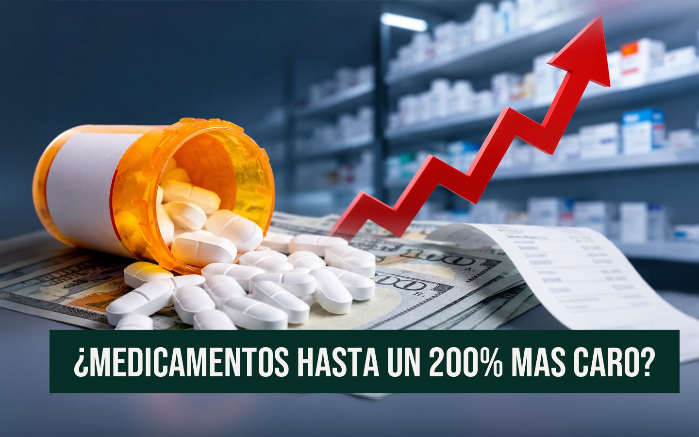 Pastillas sobre dinero y una flecha roja hacia arriba con el texto "¿Medicamentos hasta un 200% más caro?", en referencia al alto costo de medicamentos en Puerto Rico.