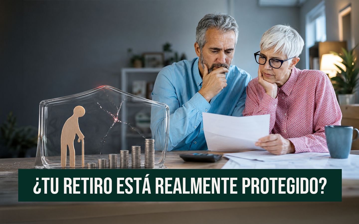 Pareja madura analizando sus finanzas junto a una cúpula de cristal con grietas y la pregunta "¿Tu retiro está realmente protegido?", representando los riesgos del retiro en Puerto Rico.