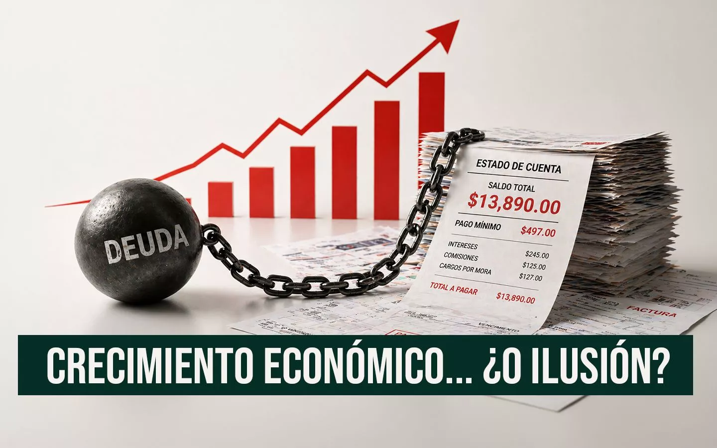 Gráfica de barras rojas en ascenso que contrasta con una bola de hierro encadenada con la palabra 'DEUDA' sobre un estado de cuenta con saldo alto, ilustrando la paradoja entre el crecimiento aparente y la carga financiera real