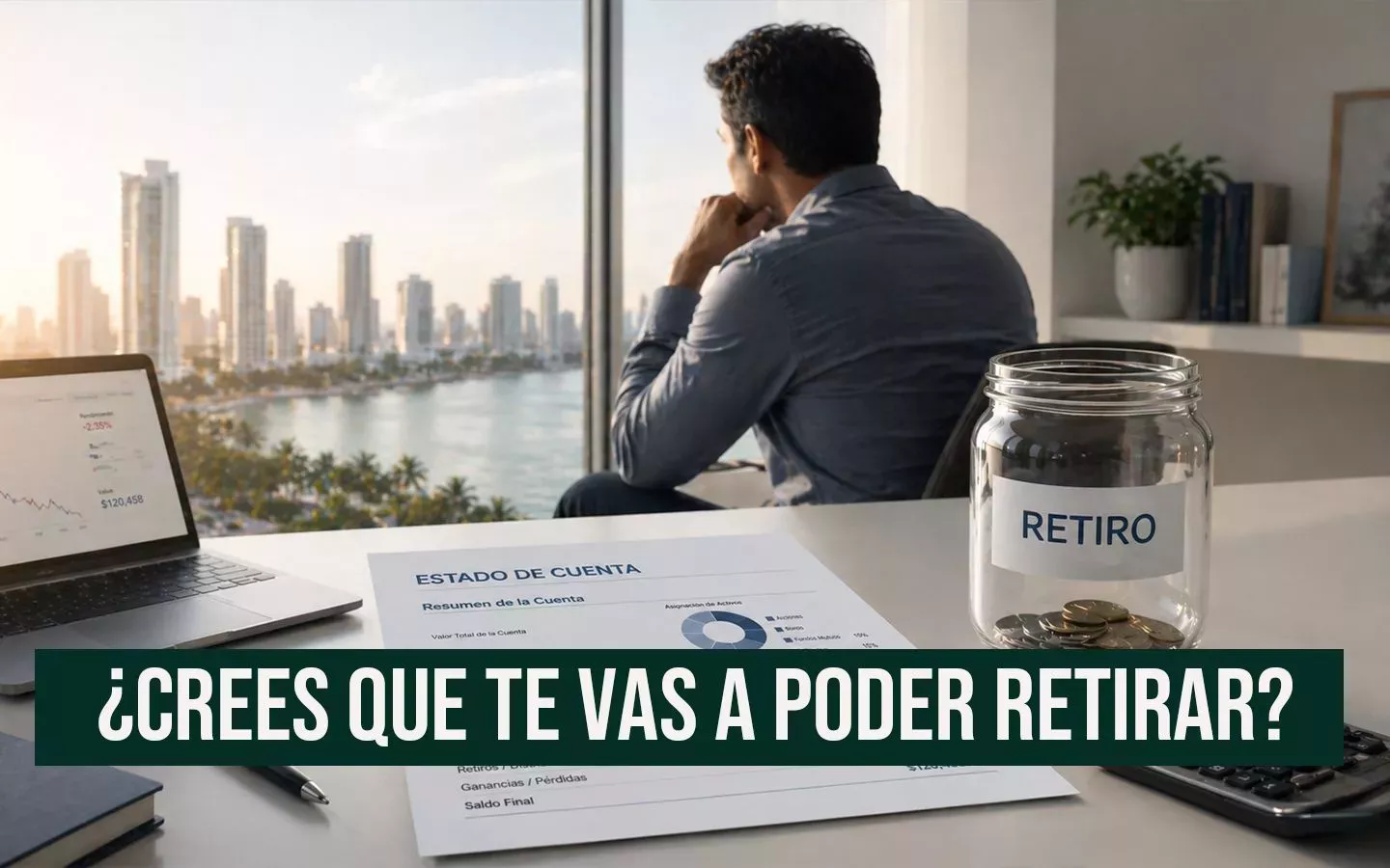 Hombre mirando por la ventana de una oficina hacia la ciudad de San Juan, pensativo frente a un estado de cuenta y un frasco de ahorros con la etiqueta 'Retiro', cuestionando su futuro financiero.