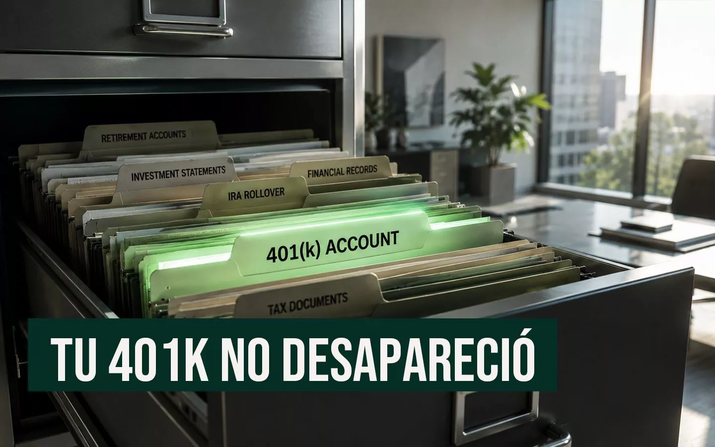 Archivador de oficina abierto con carpetas colgantes de finanzas e impuestos, destacando una carpeta verde brillante que dice "401(k) ACCOUNT" y un texto superpuesto en español que lee "TU 401K NO DESAPARECIÓ", representando la recuperación de fondos de retiro olvidados